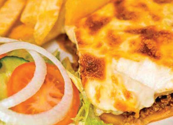 Moussaka & Chips with Salad Garnish